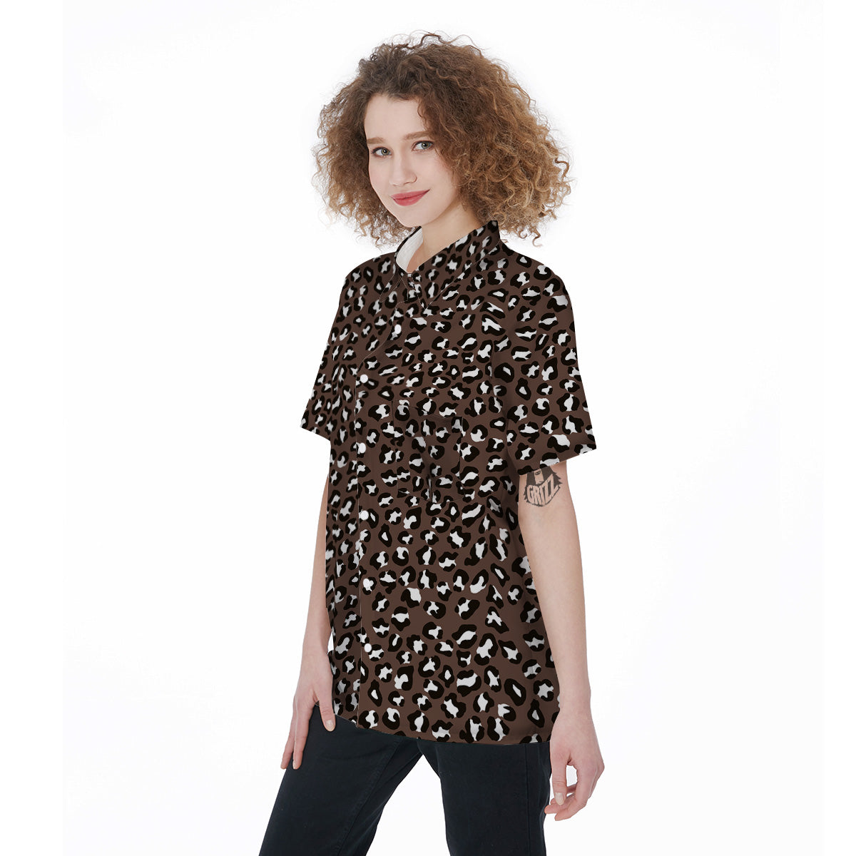 Brown Leopard Print Pattern Women's Short Sleeve Shirts-grizzshop