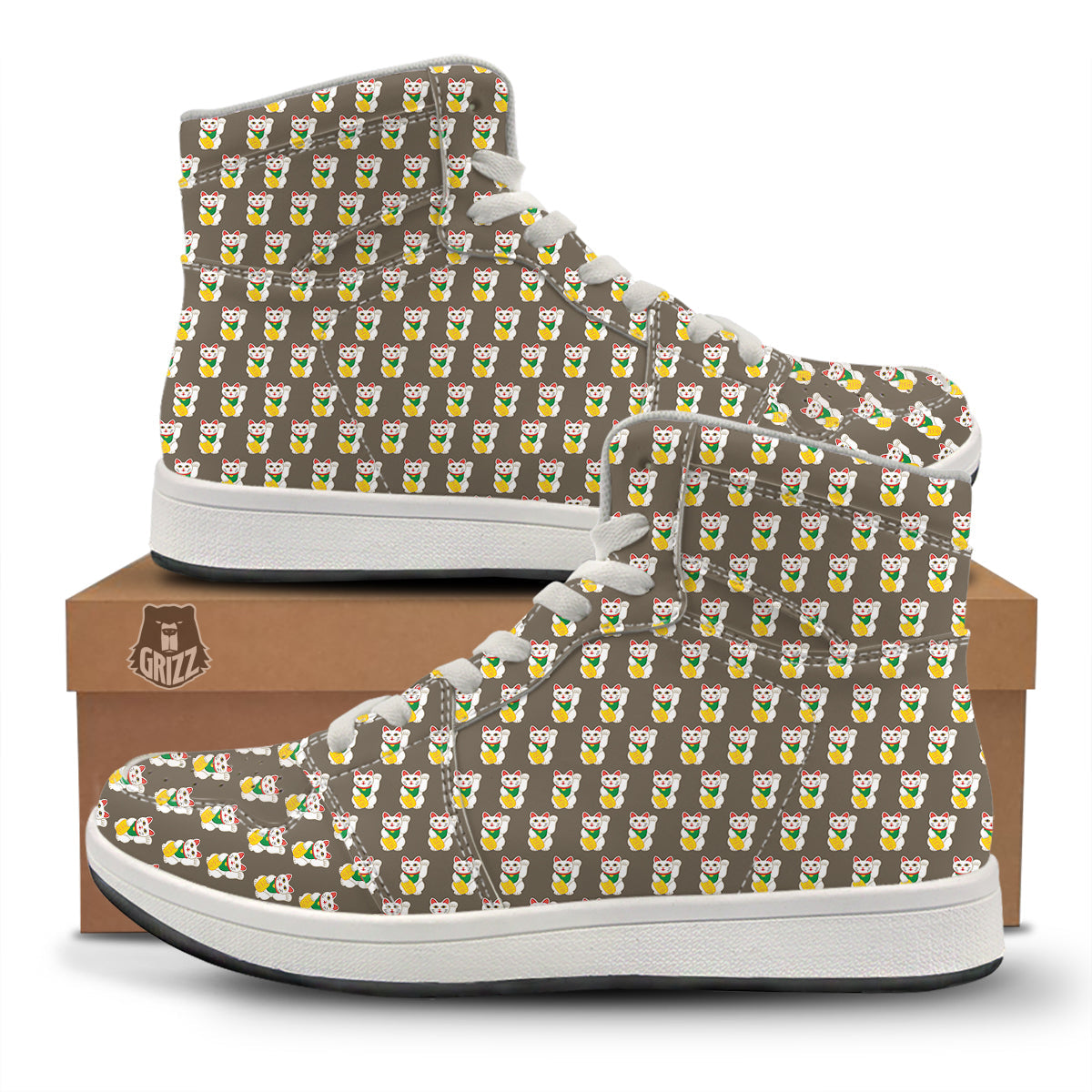 Brown Lucky Cat Print Pattern High Top Sneakers-grizzshop