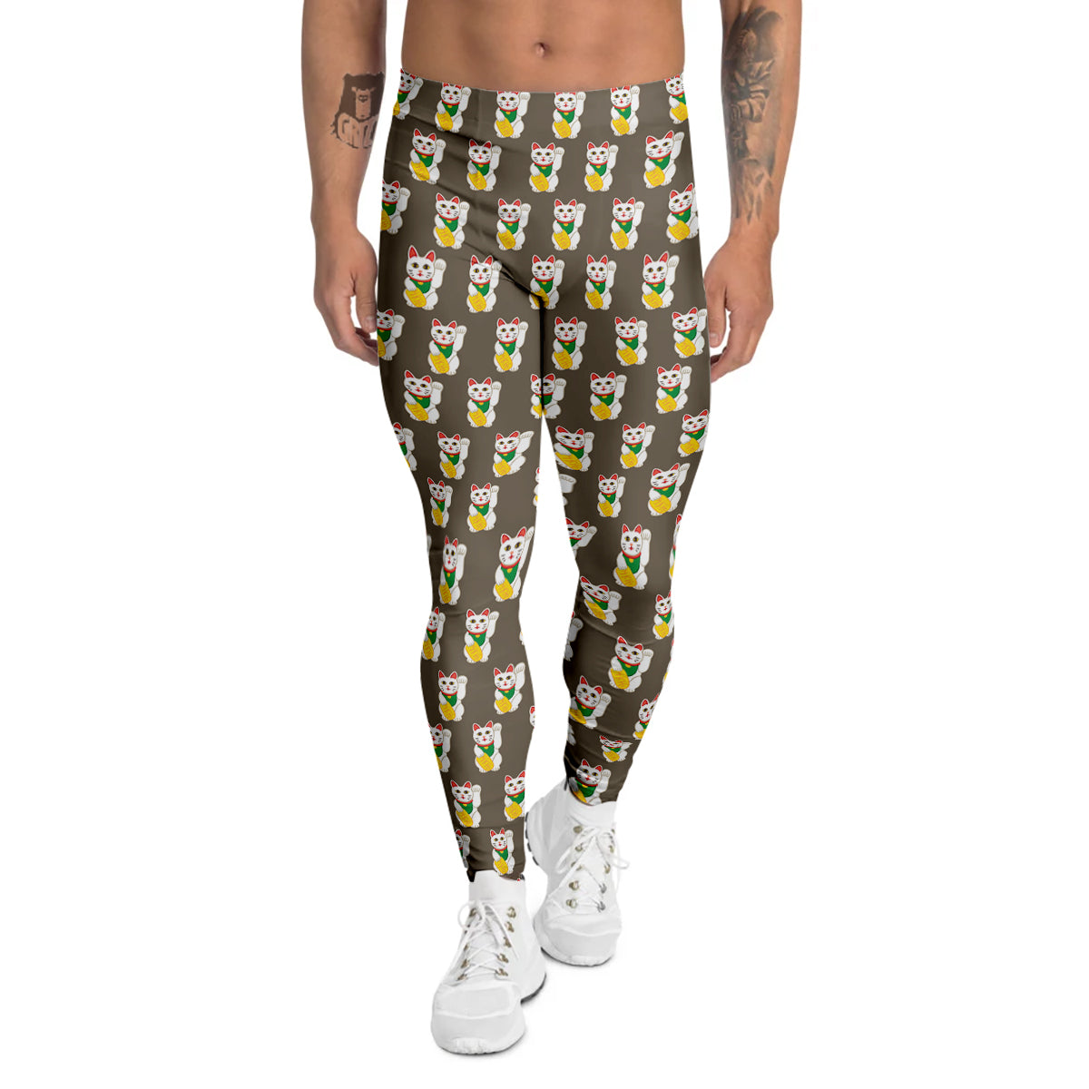 Brown Lucky Cat Print Pattern Men's Leggings-grizzshop