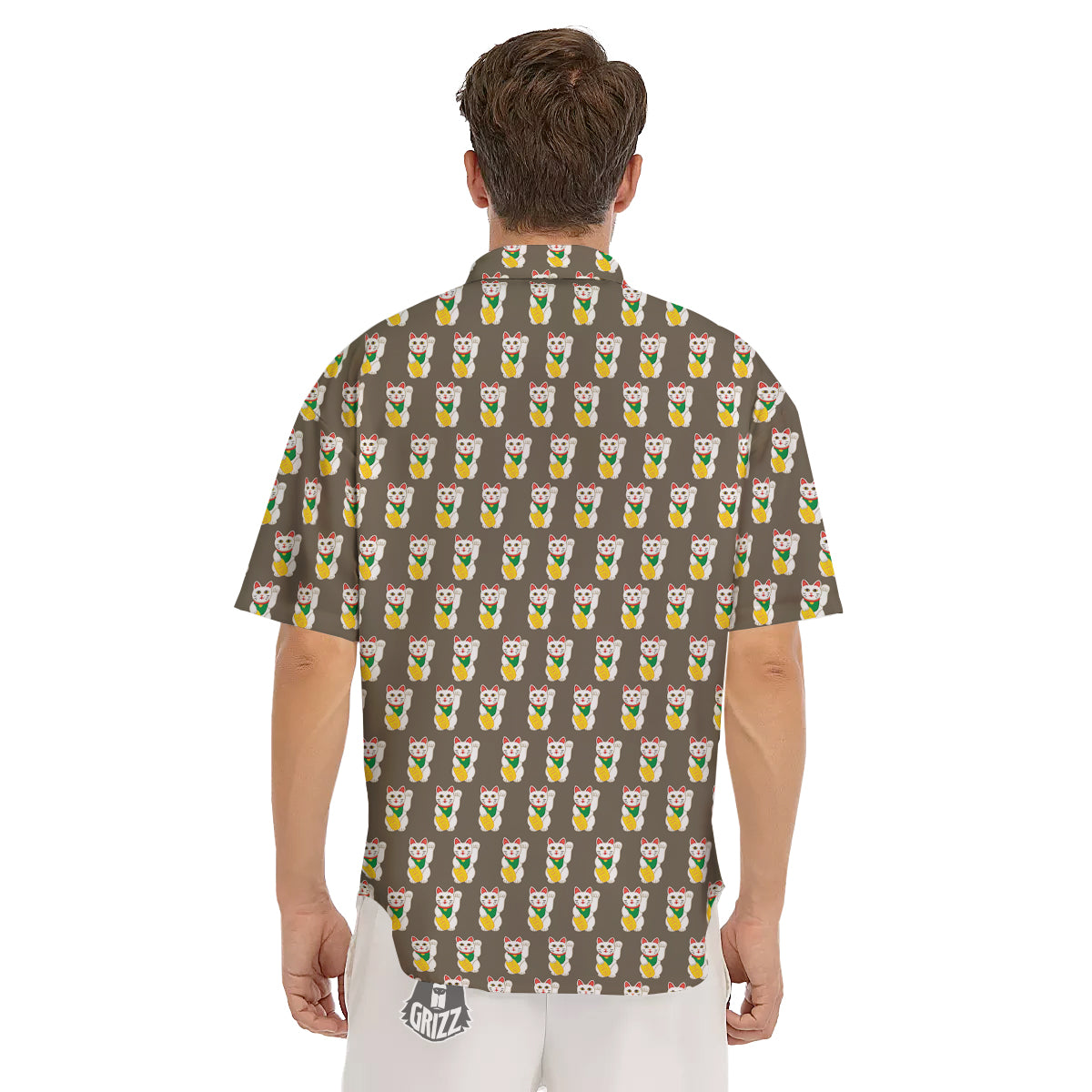 Brown Lucky Cat Print Pattern Men's Short Sleeve Shirts-grizzshop