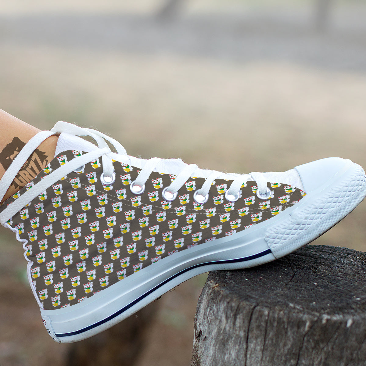 Brown Lucky Cat Print Pattern White High Top Shoes-grizzshop