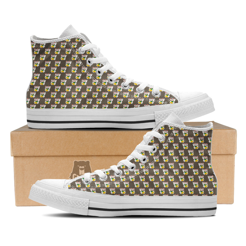 Brown Lucky Cat Print Pattern White High Top Shoes-grizzshop