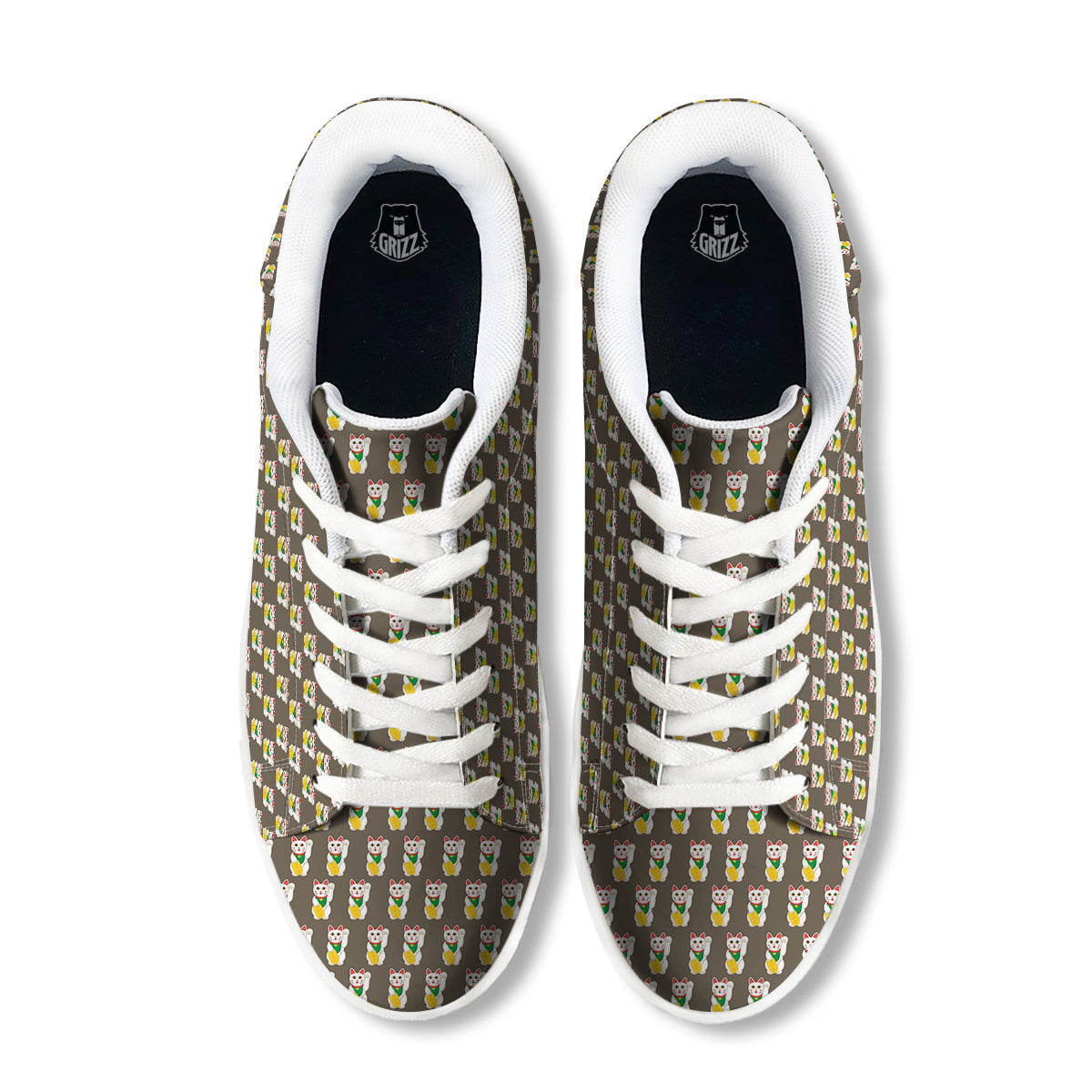 Brown Lucky Cat Print Pattern White Low Top Sneakers-grizzshop
