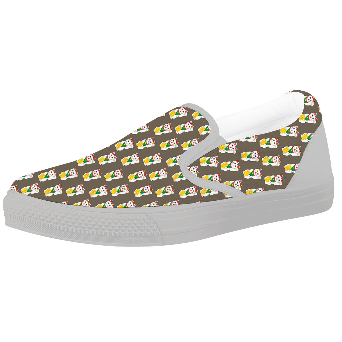 Brown Lucky Cat Print Pattern White Slip On Shoes-grizzshop