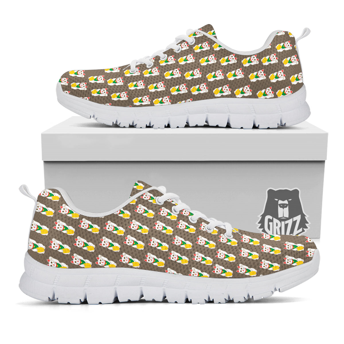 Brown Lucky Cat Print Pattern White Sneaker-grizzshop