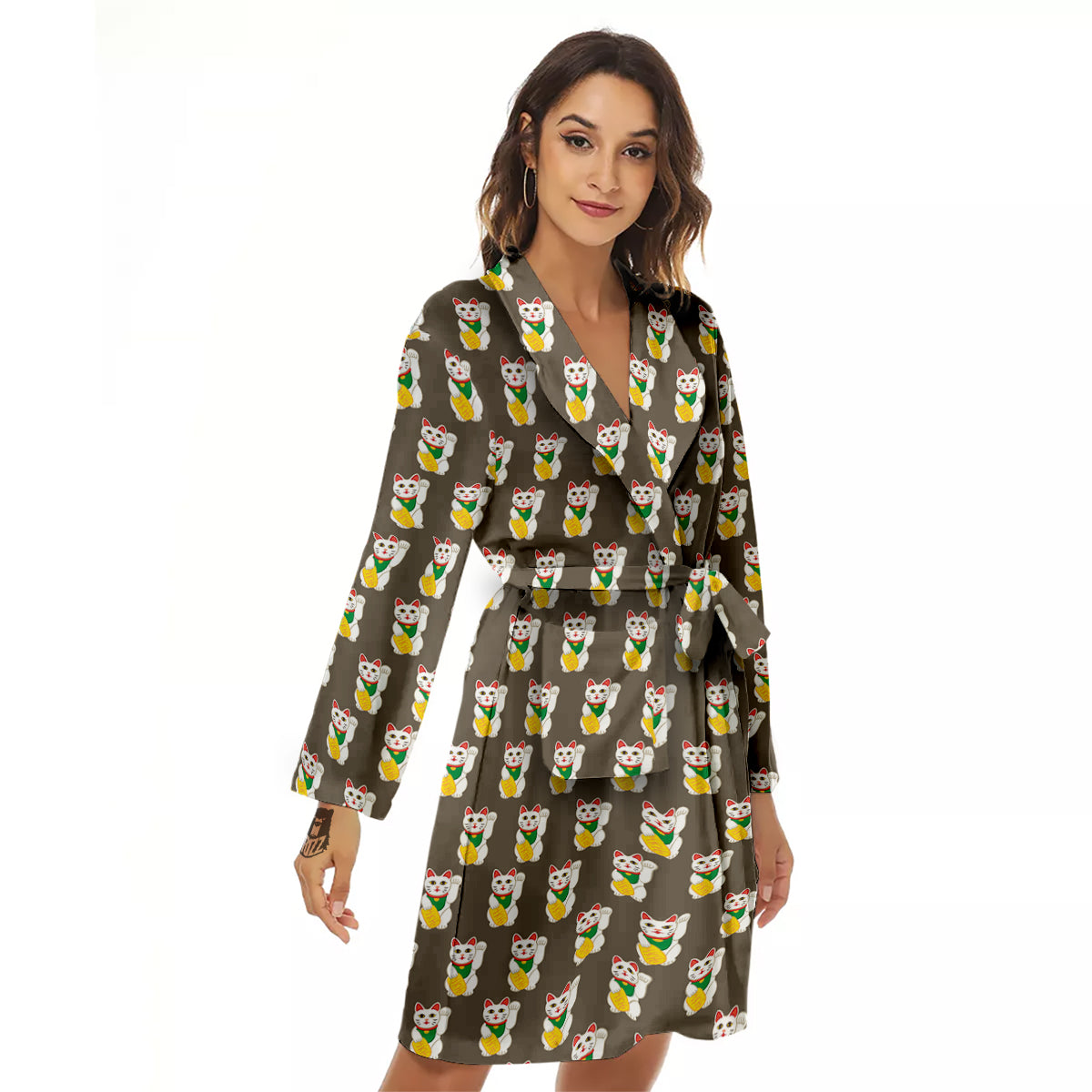 Brown Lucky Cat Print Pattern Women's Robe-grizzshop