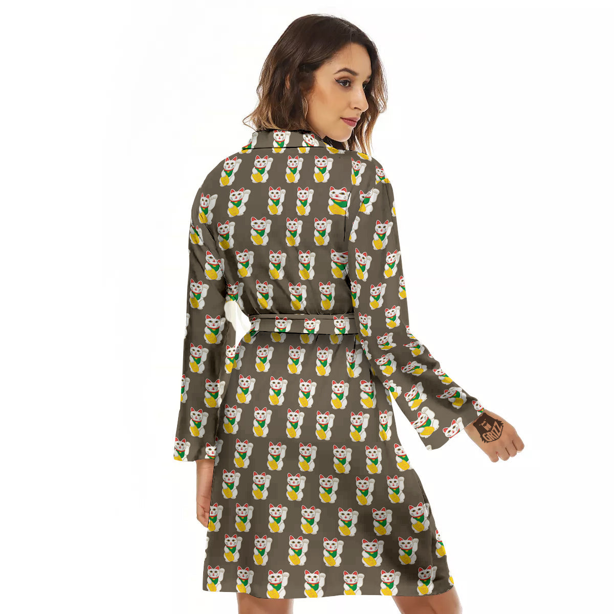 Brown Lucky Cat Print Pattern Women's Robe-grizzshop