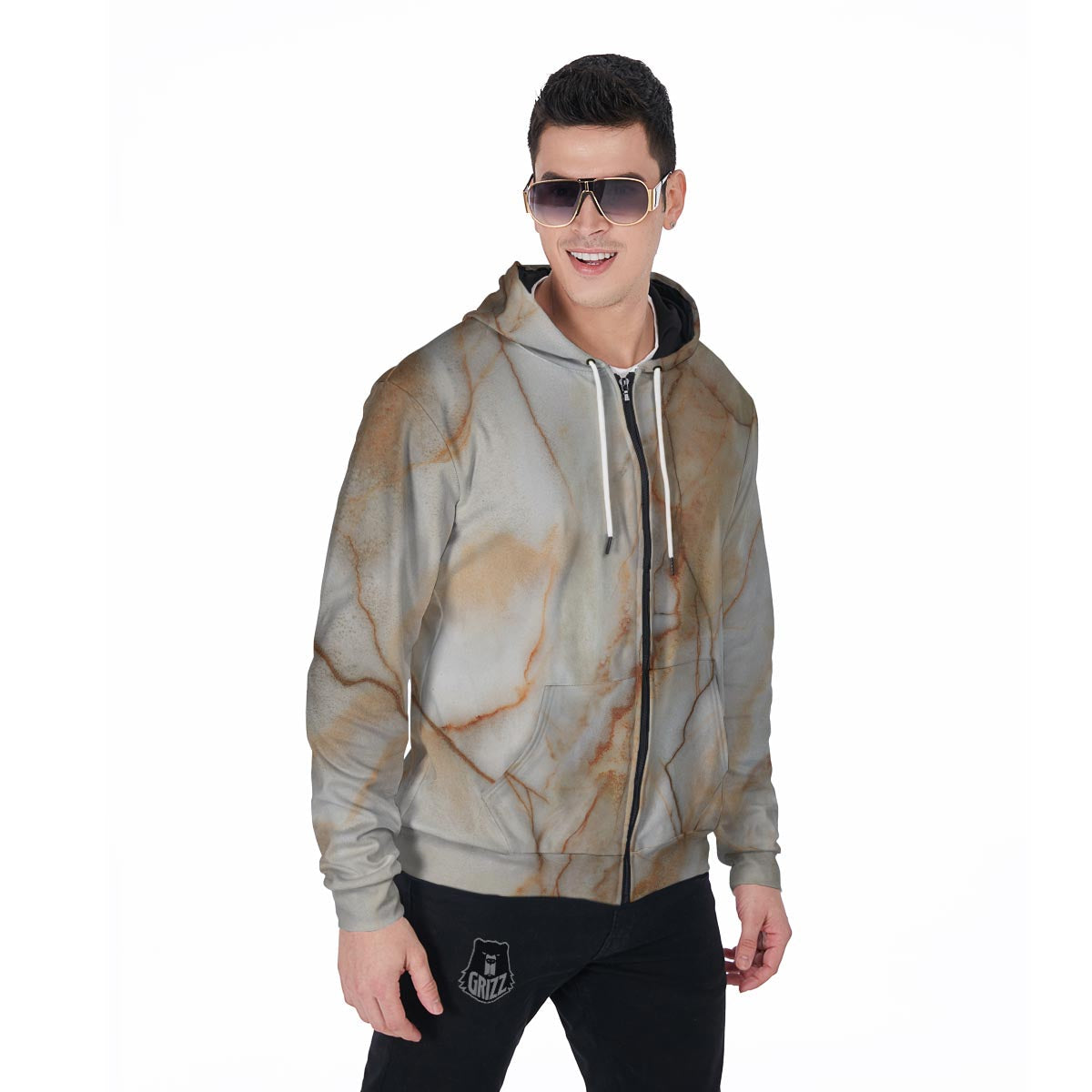 Brown Marble Men's Zip Up Hoodie-grizzshop