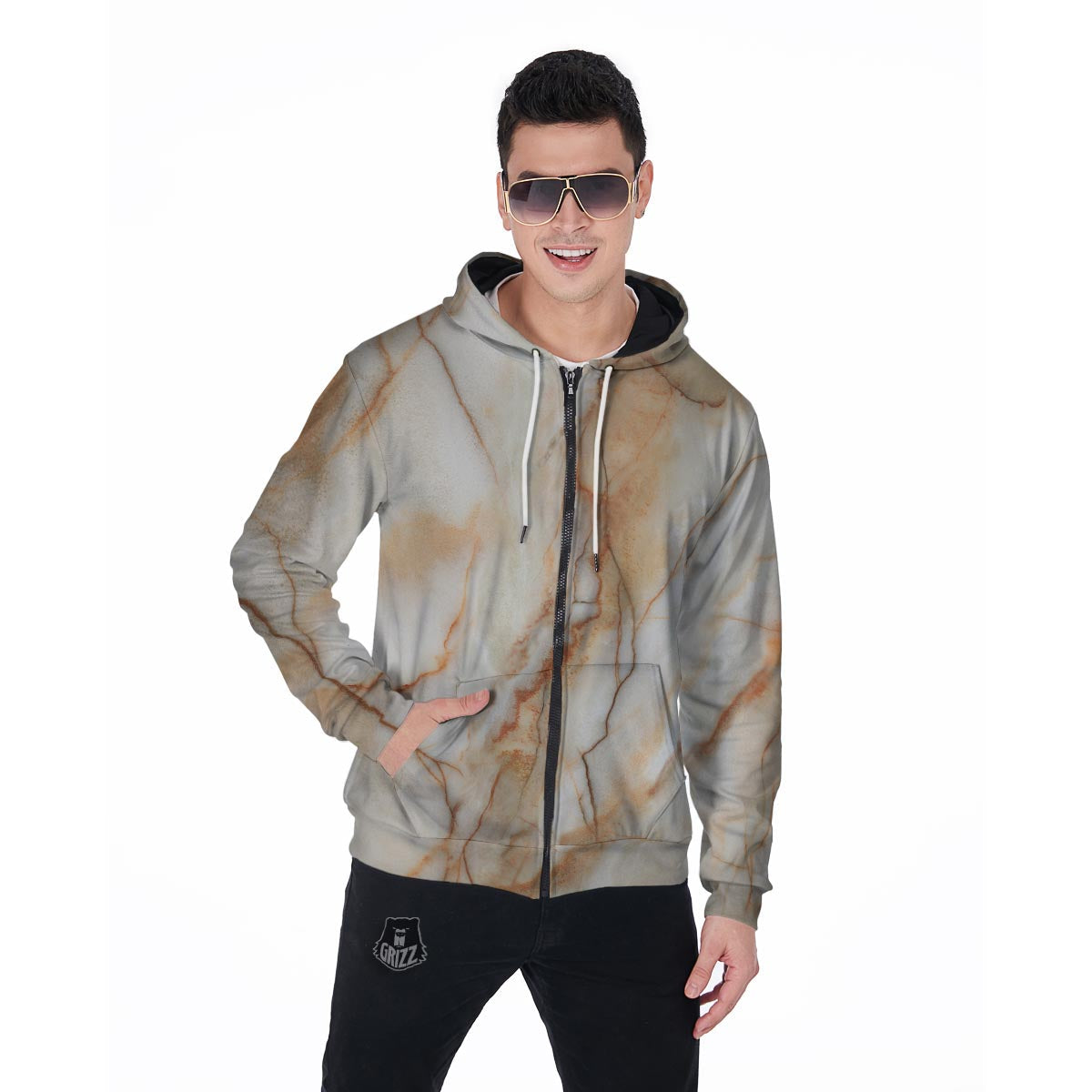 Brown Marble Men's Zip Up Hoodie-grizzshop