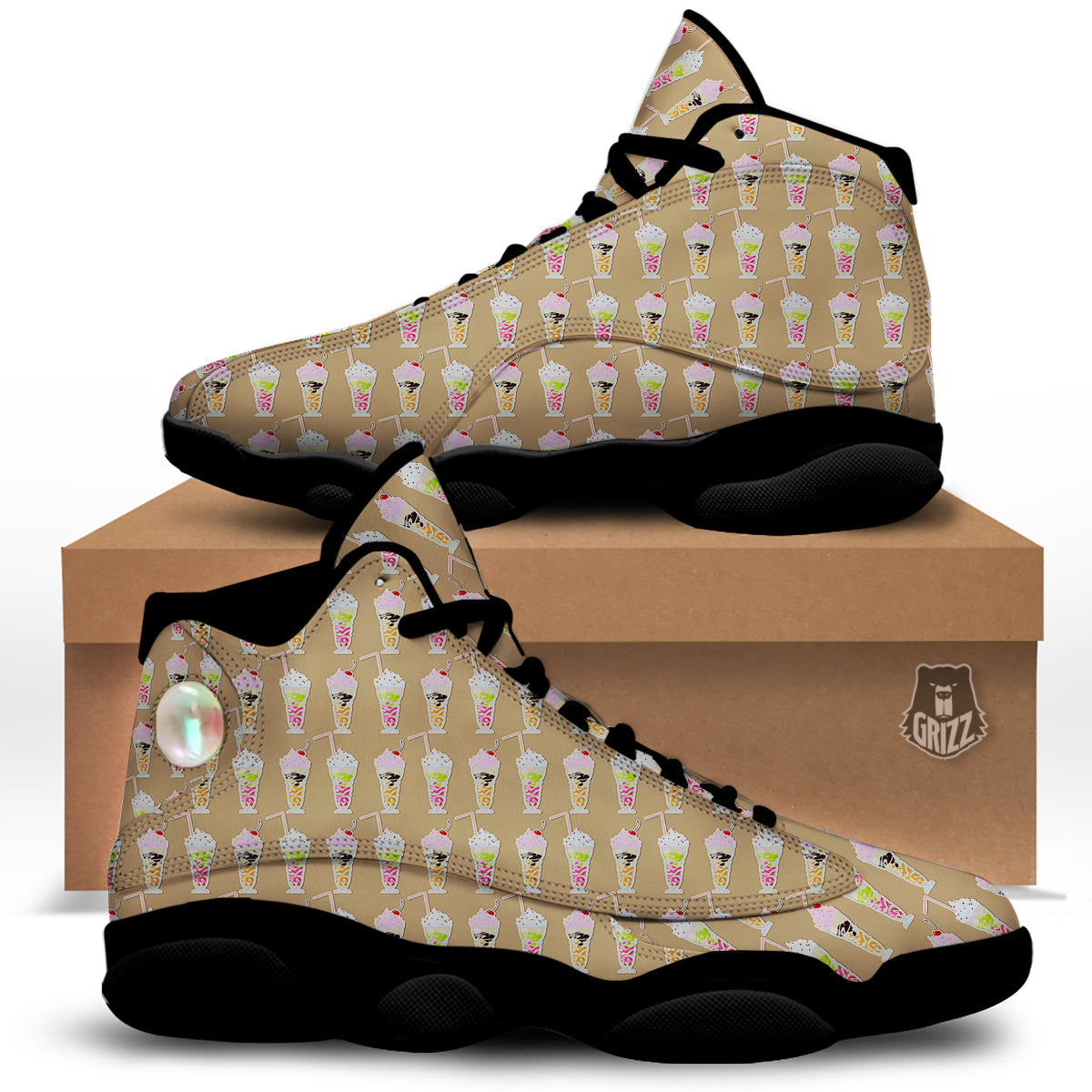 Brown Milkshake Print Pattern Black Basketball Shoes-grizzshop