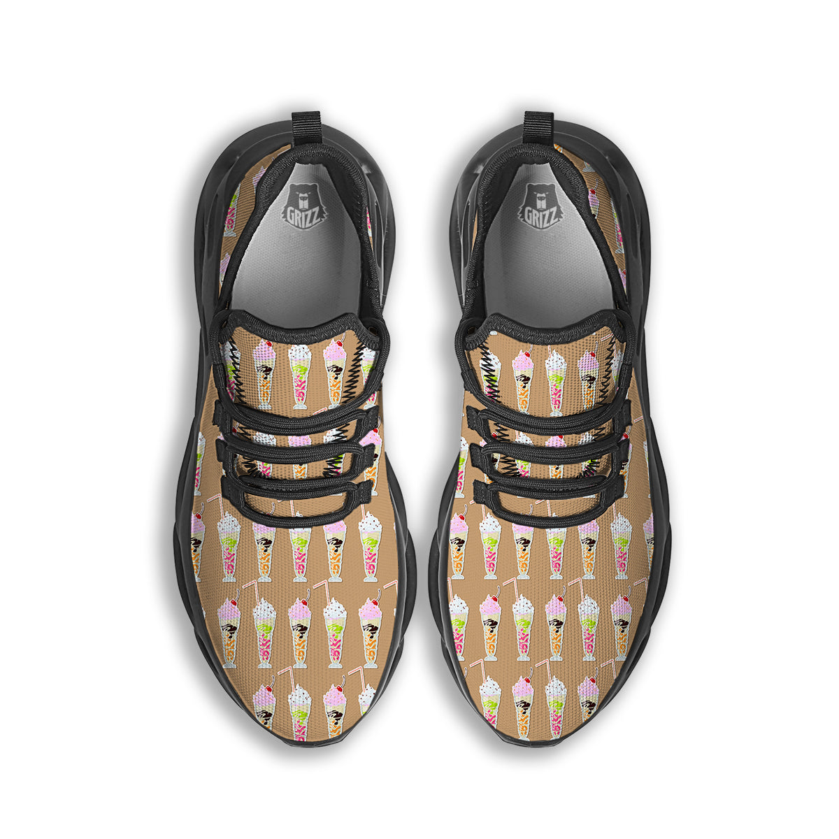 Brown Milkshake Print Pattern Black Running Shoes-grizzshop