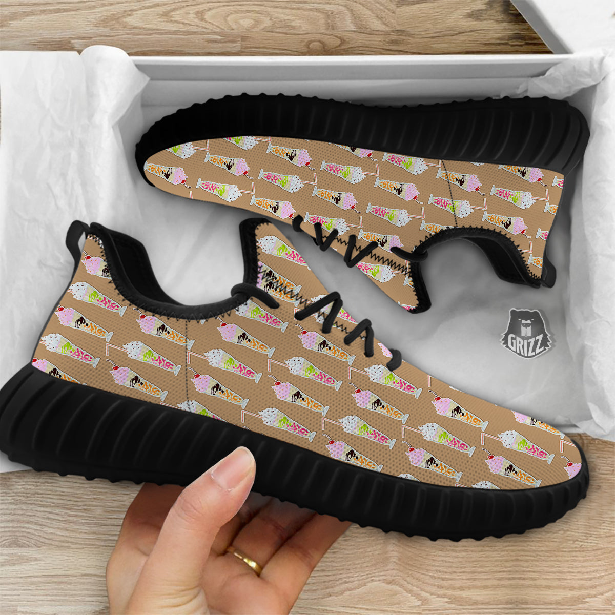 Brown Milkshake Print Pattern Black Walking Shoes-grizzshop