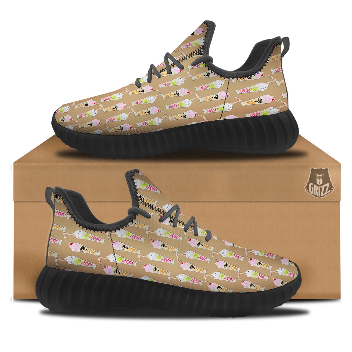 Brown Milkshake Print Pattern Black Walking Shoes-grizzshop