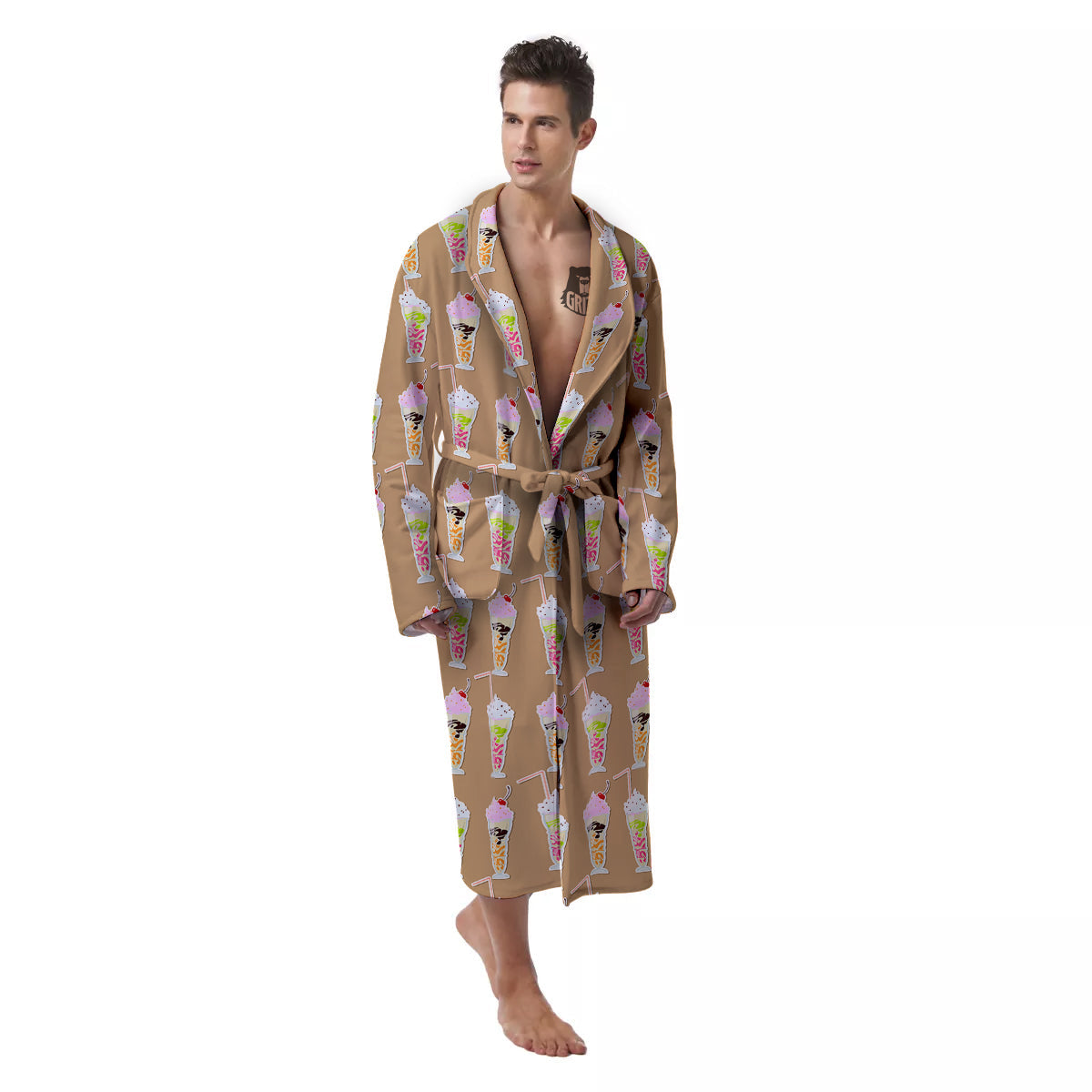 Brown Milkshake Print Pattern Men's Robe-grizzshop