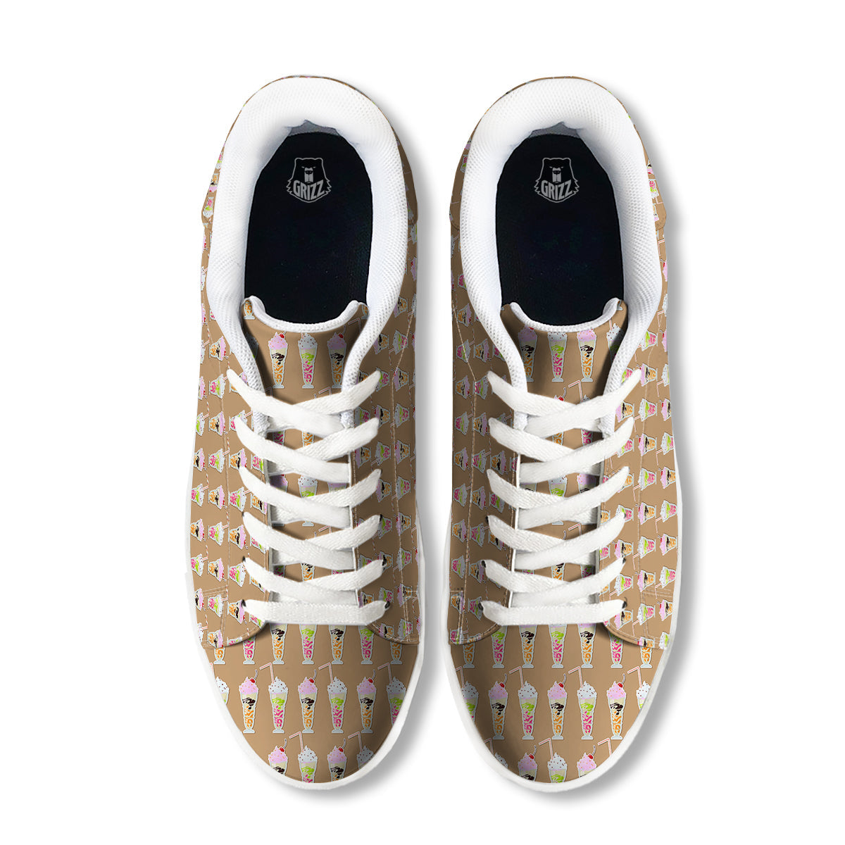 Brown Milkshake Print Pattern White Low Top Sneakers-grizzshop