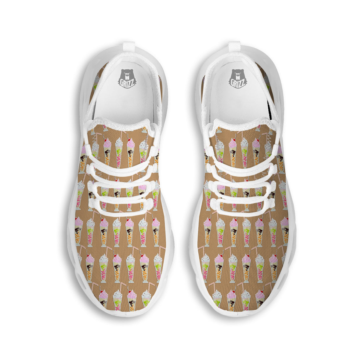 Brown Milkshake Print Pattern White Running Shoes-grizzshop