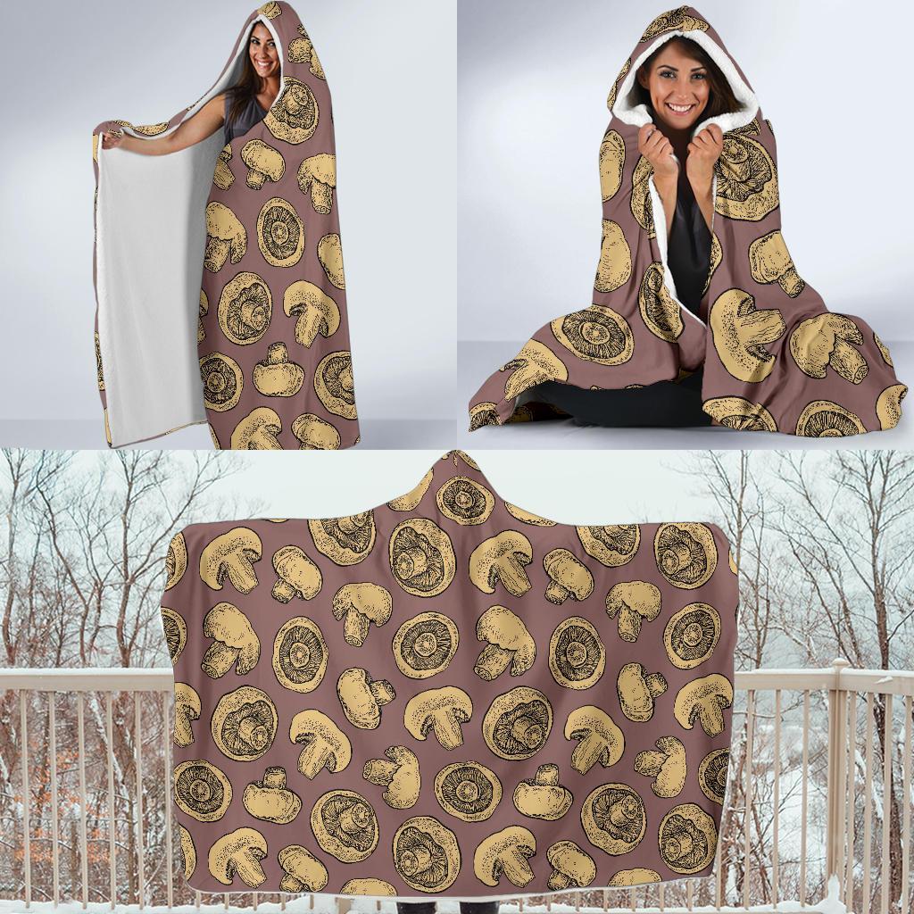 Brown Mushroom Pattern Print Hooded Blanket-grizzshop