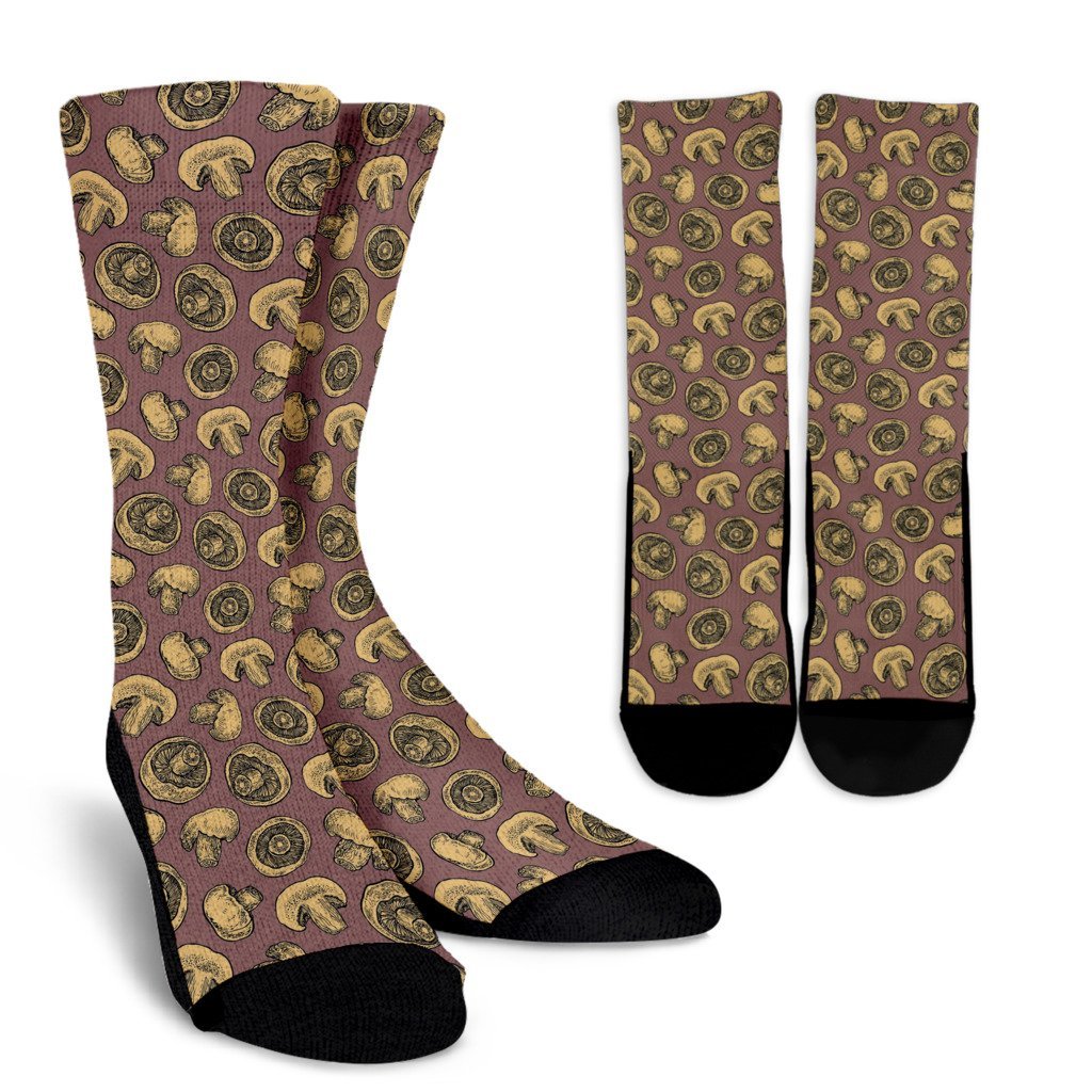 Brown Mushroom Pattern Print Unisex Crew Socks-grizzshop