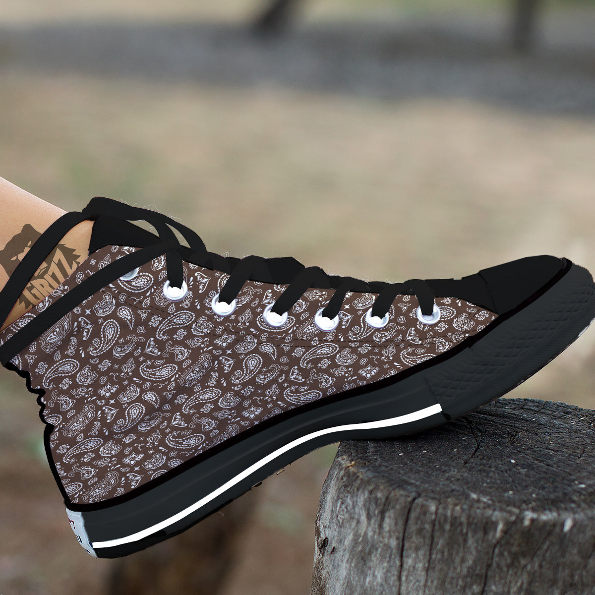 Brown Paisley Bandana Print Black High Top Shoes-grizzshop