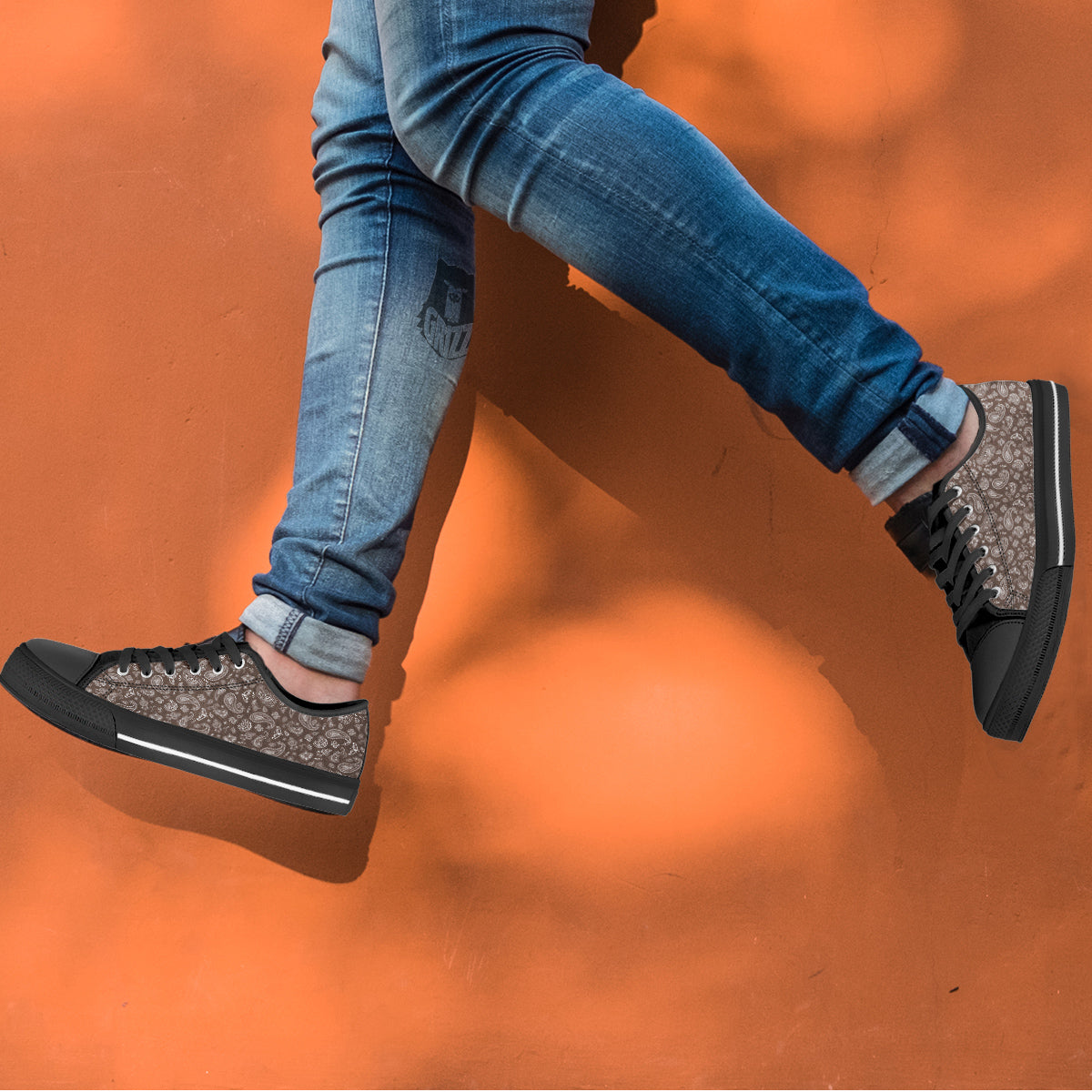 Brown Paisley Bandana Print Black Low Top Shoes-grizzshop