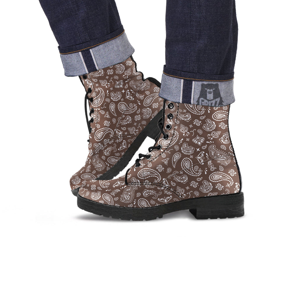 Brown Paisley Bandana Print Leather Boots-grizzshop
