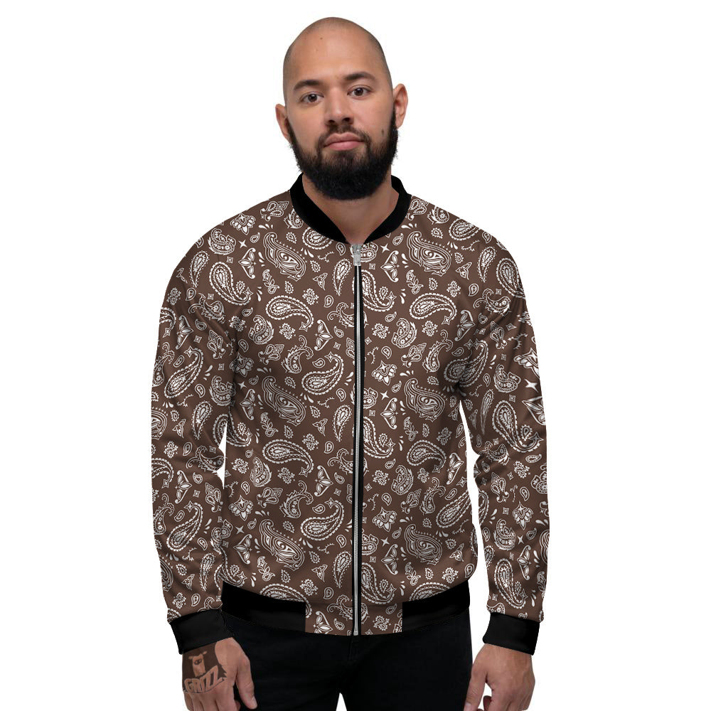 Brown Paisley Bandana Print Men's Bomber Jacket-grizzshop