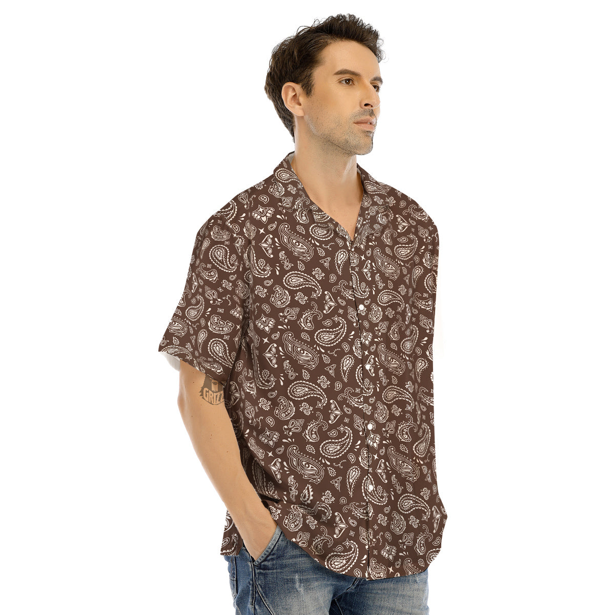 Brown Paisley Bandana Print Men’s Hawaiian Shirt-grizzshop