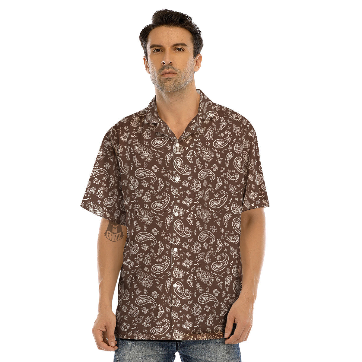 Brown Paisley Bandana Print Men’s Hawaiian Shirt-grizzshop