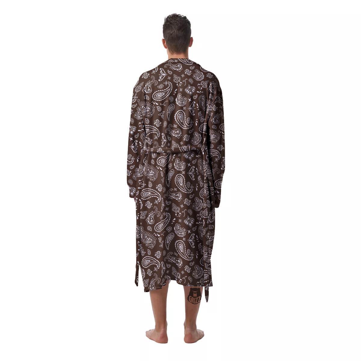 Brown Paisley Bandana Print Men's Robe-grizzshop