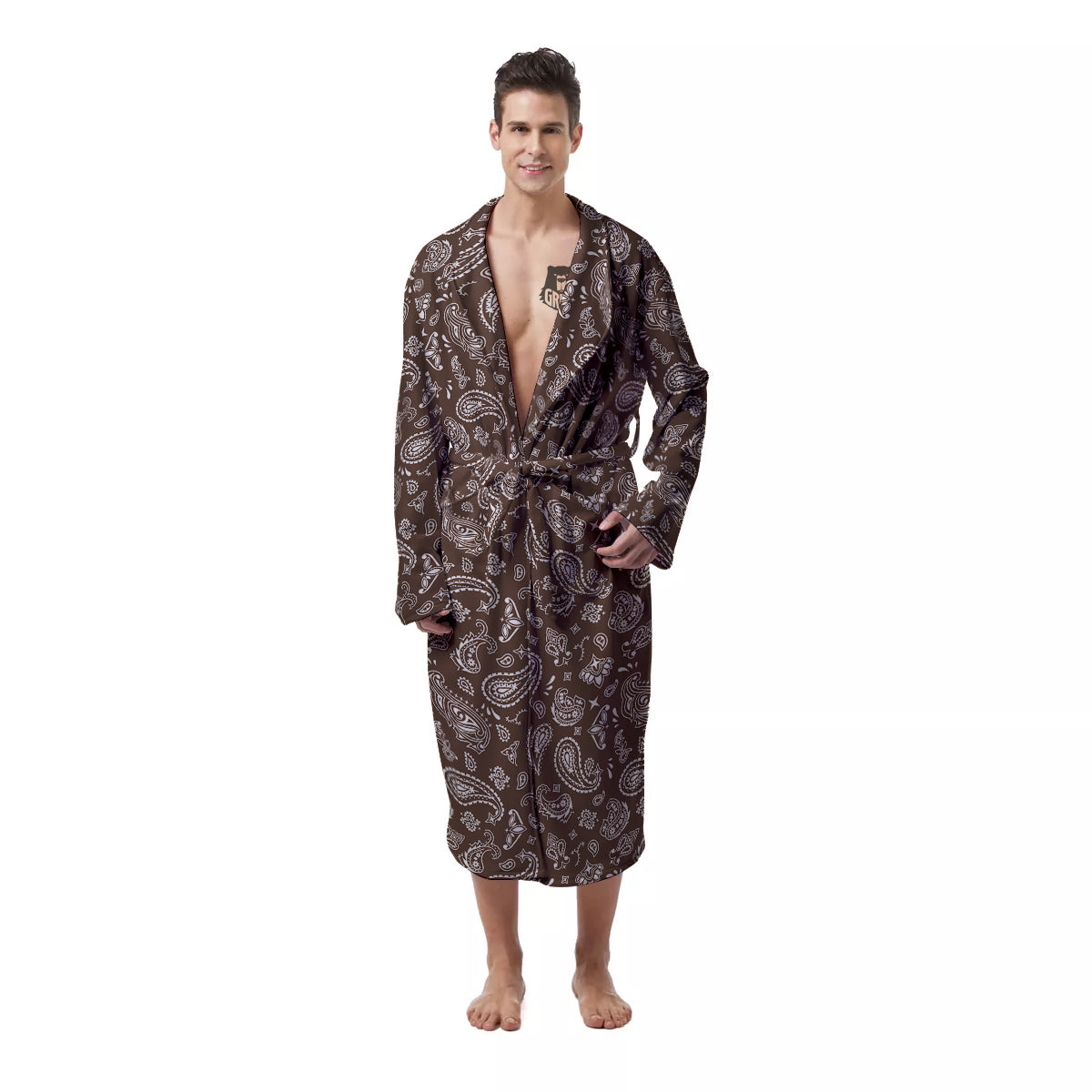 Brown Paisley Bandana Print Men's Robe-grizzshop