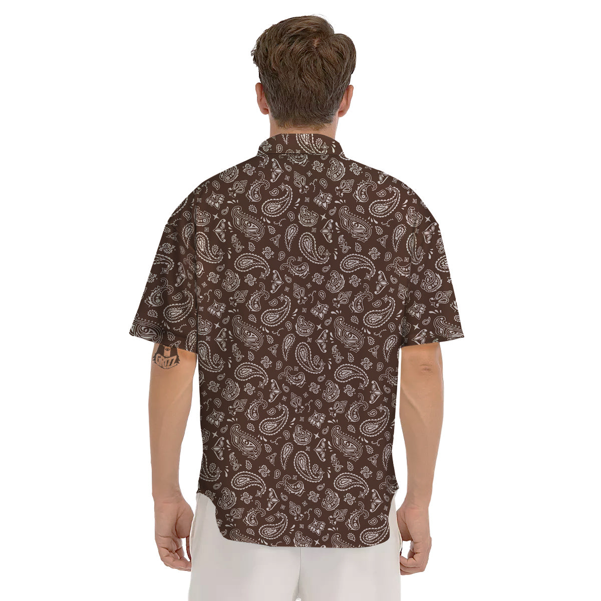 Brown Paisley Bandana Print Men's Short Sleeve Shirts-grizzshop