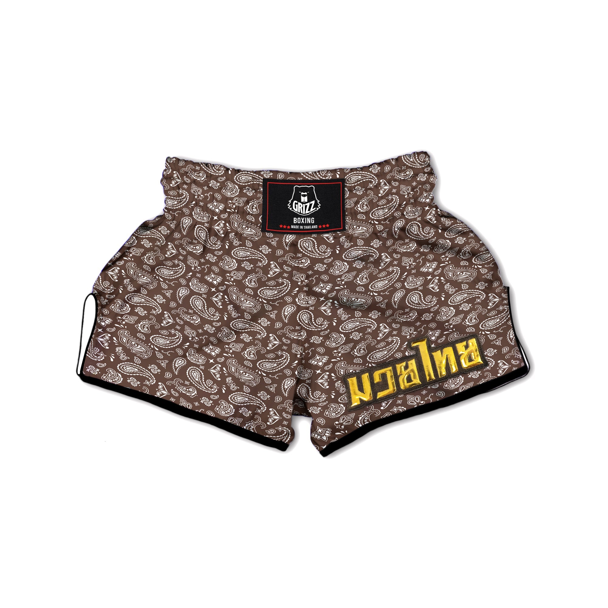 Brown Paisley Bandana Print Muay Thai Boxing Shorts-grizzshop