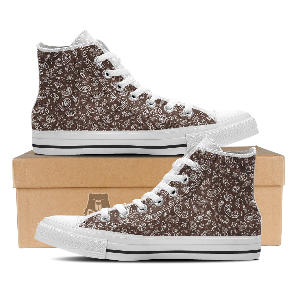 Brown Paisley Bandana Print White High Top Shoes-grizzshop