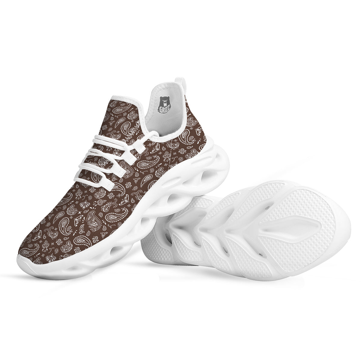 Brown Paisley Bandana Print White Running Shoes-grizzshop