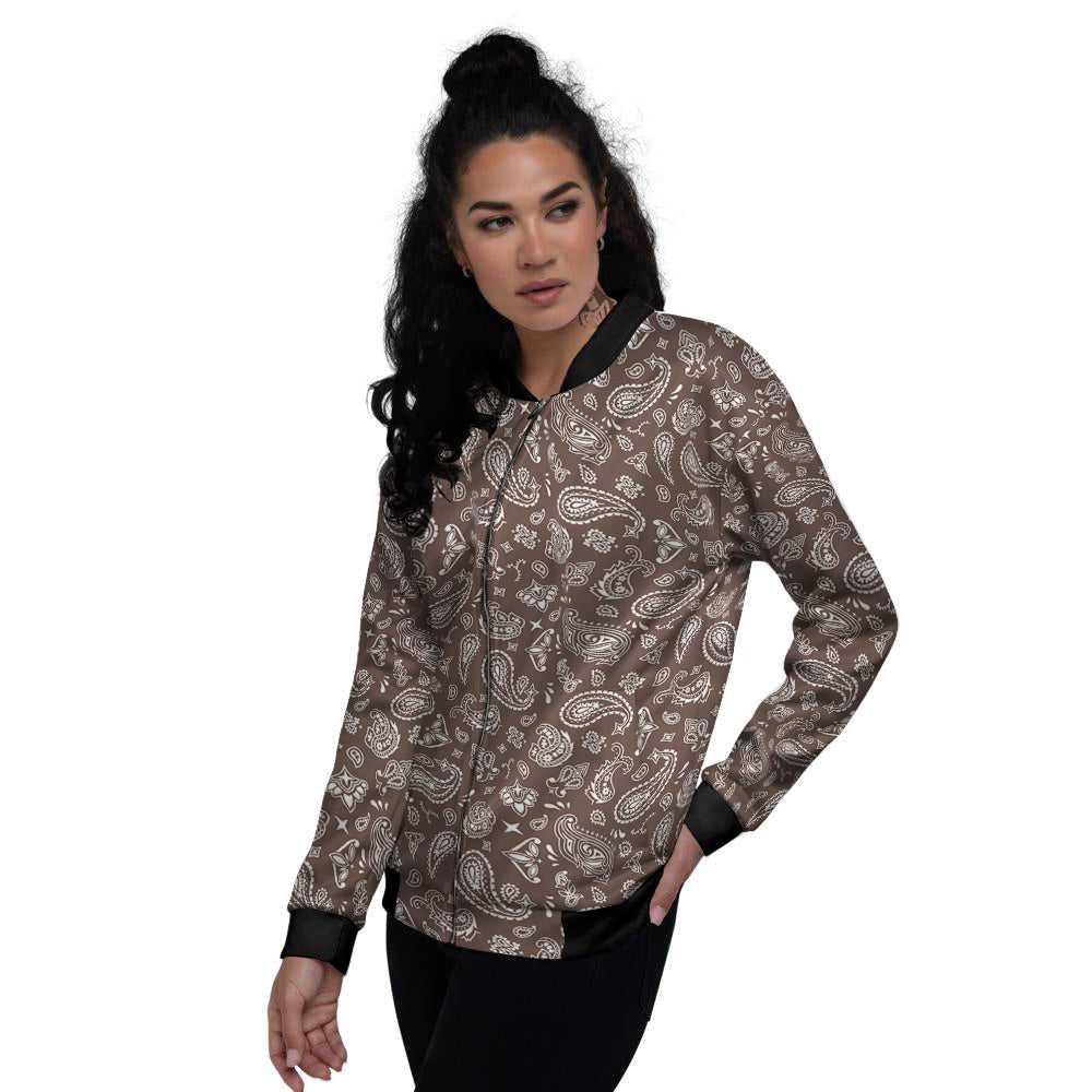 Brown Paisley Bandana Print Women's Bomber Jacket-grizzshop