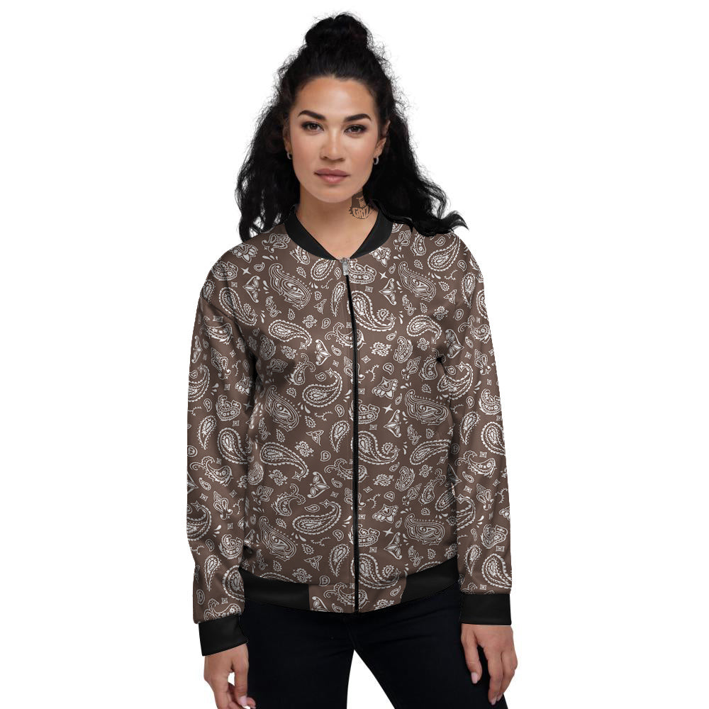 Brown Paisley Bandana Print Women's Bomber Jacket-grizzshop