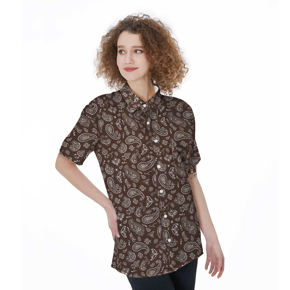 Brown Paisley Bandana Print Women's Short Sleeve Shirts-grizzshop