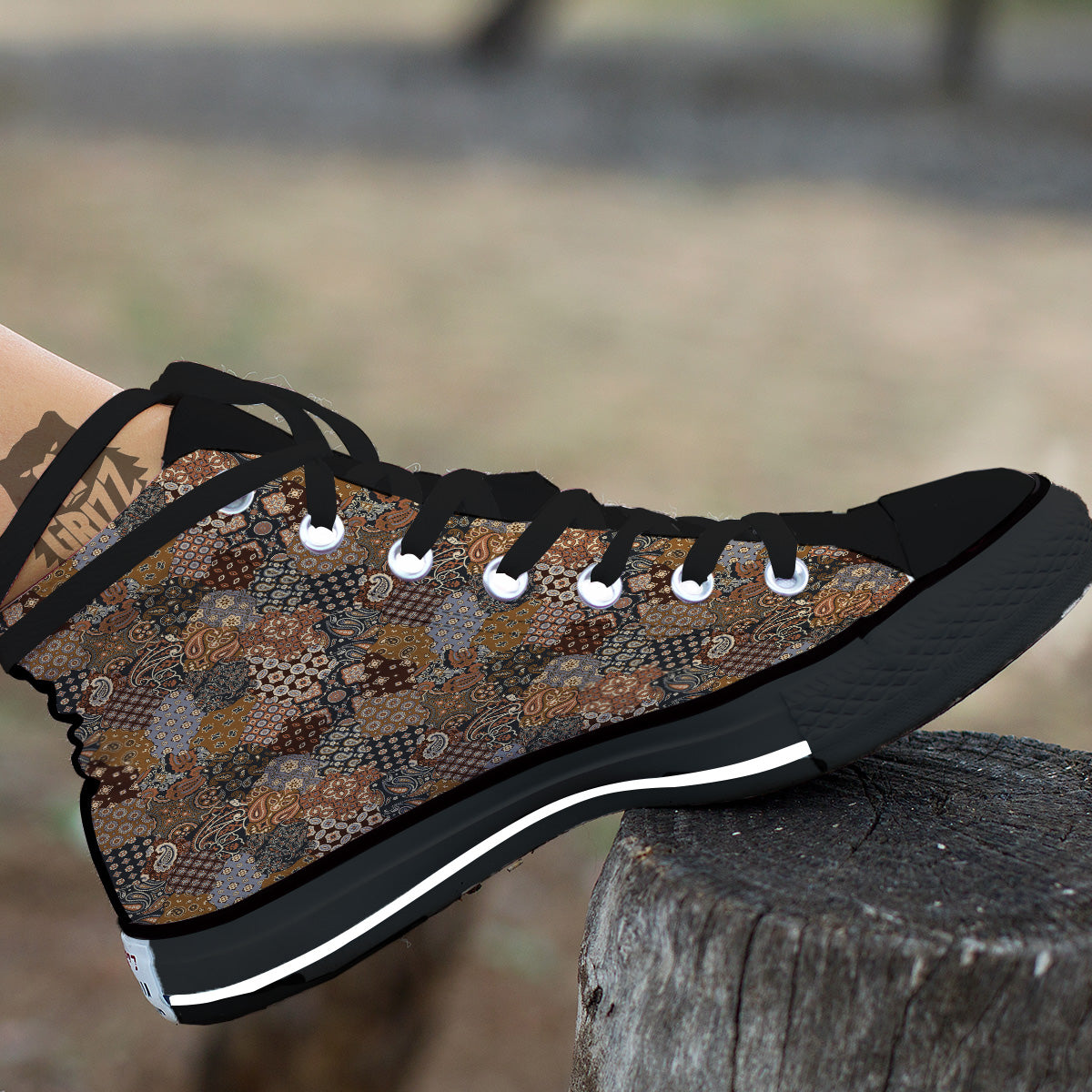 Brown Patchwork Paisley Print Pattern Black High Top Shoes-grizzshop