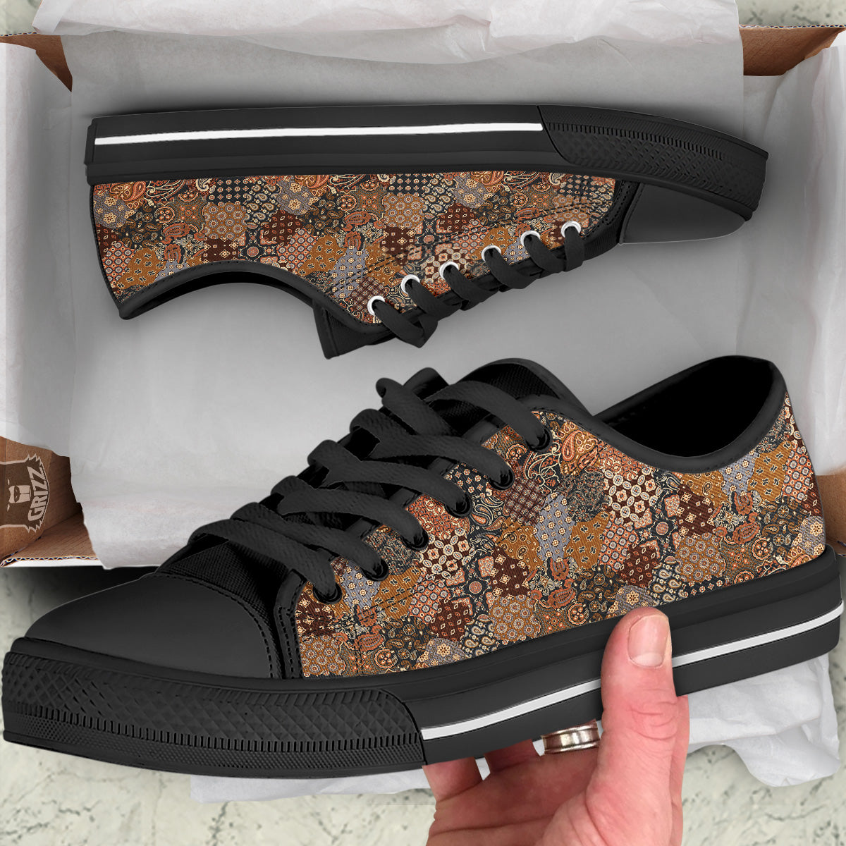 Brown Patchwork Paisley Print Pattern Black Low Top Shoes-grizzshop