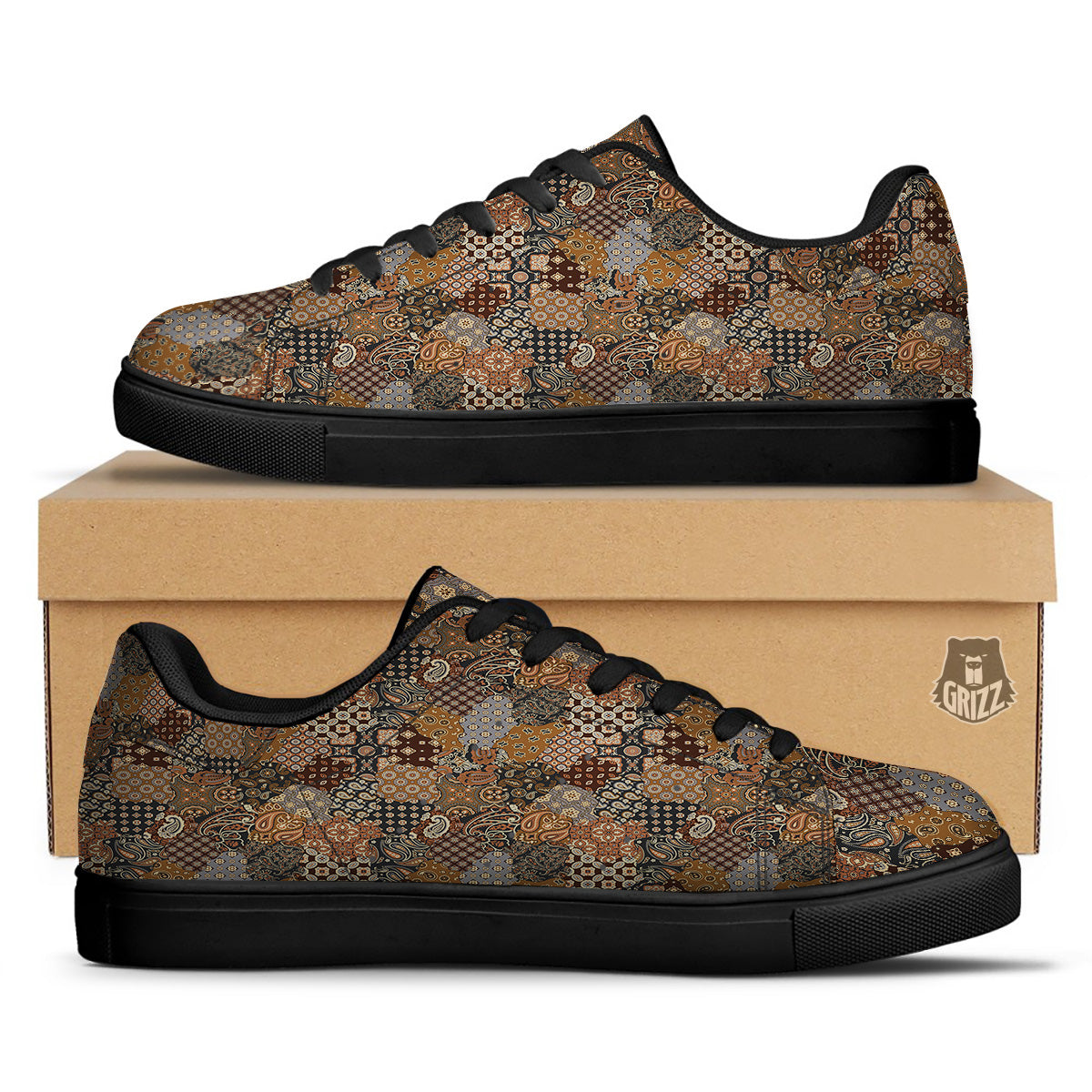Brown Patchwork Paisley Print Pattern Black Low Top Sneakers-grizzshop