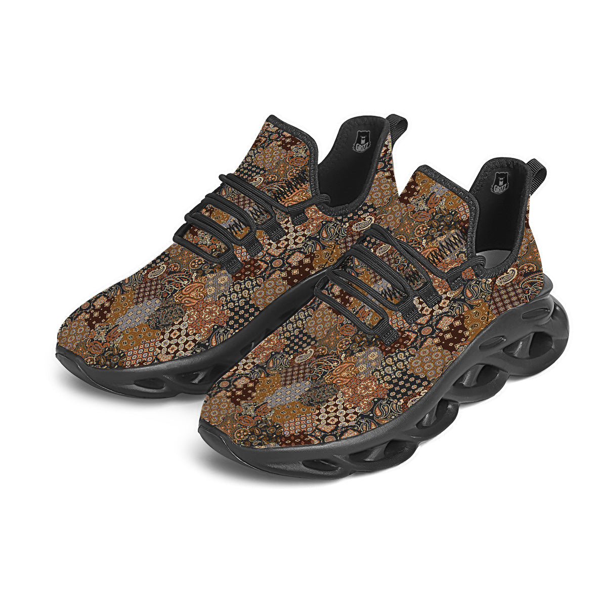 Brown Patchwork Paisley Print Pattern Black Running Shoes-grizzshop