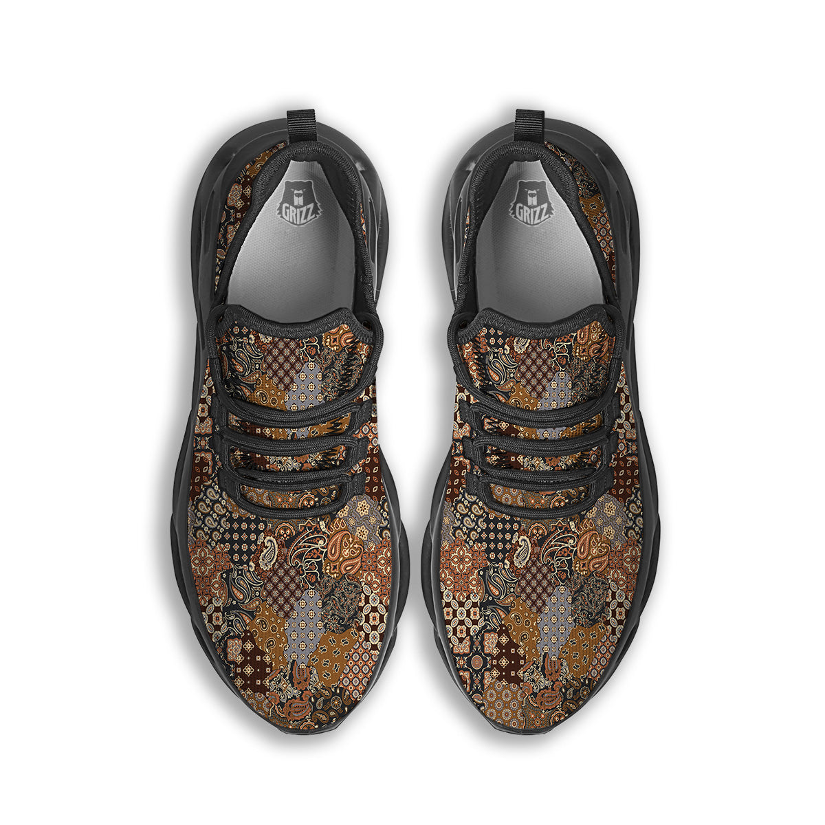 Brown Patchwork Paisley Print Pattern Black Running Shoes-grizzshop
