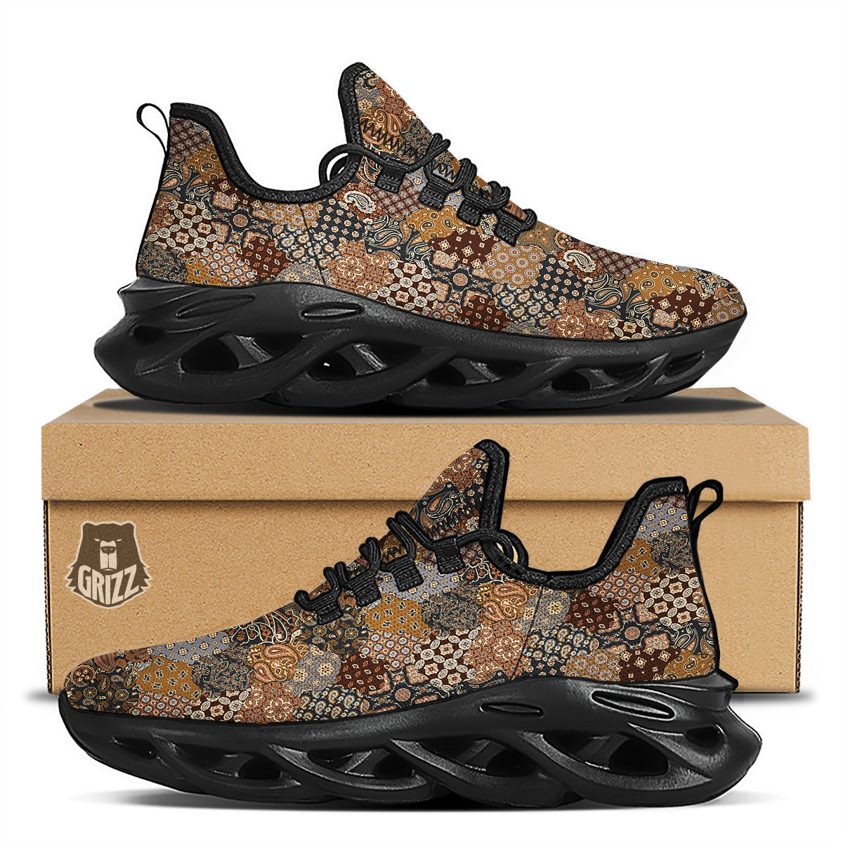 Brown Patchwork Paisley Print Pattern Black Running Shoes-grizzshop