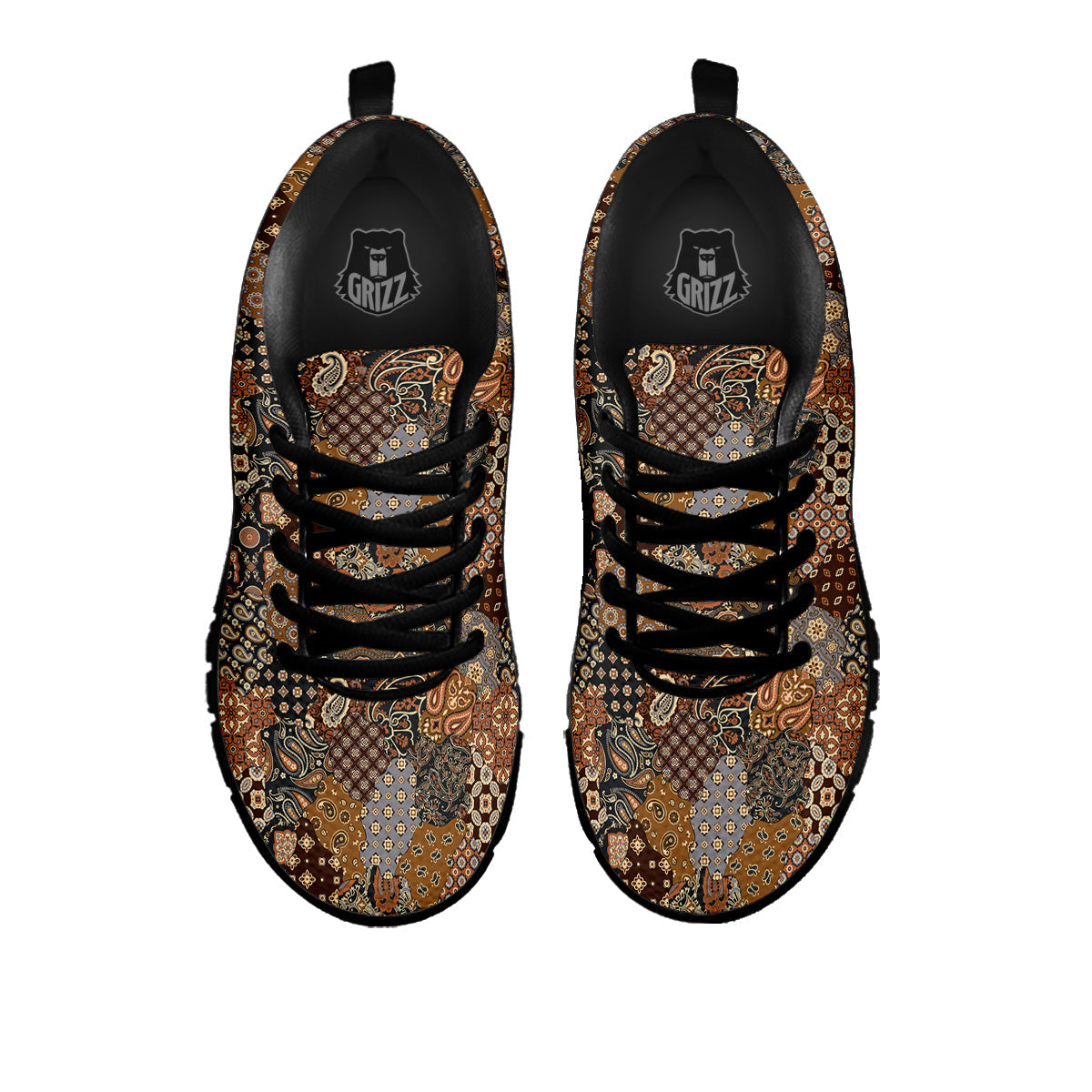 Brown Patchwork Paisley Print Pattern Black Sneaker-grizzshop