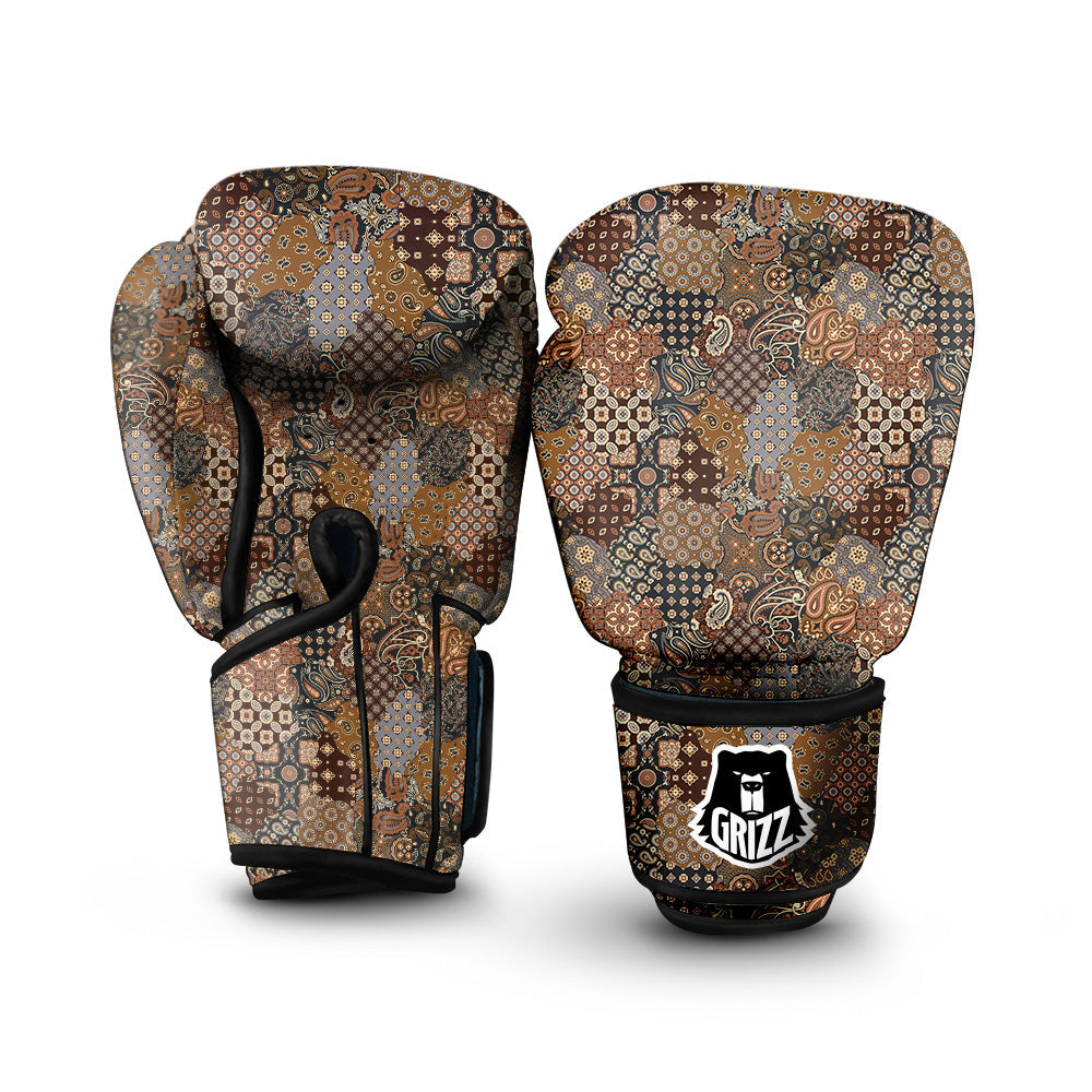 Brown Patchwork Paisley Print Pattern Boxing Gloves-grizzshop
