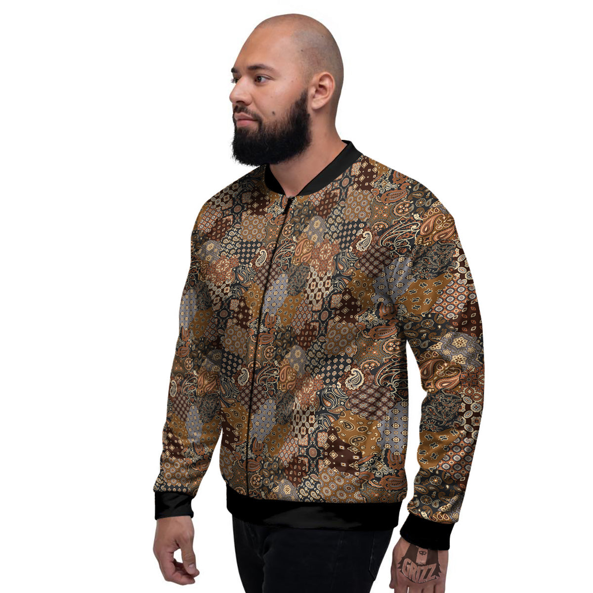 Brown Patchwork Paisley Print Pattern Men's Bomber Jacket-grizzshop