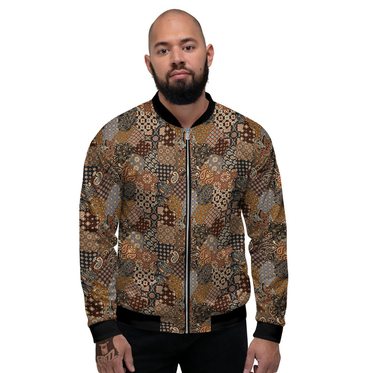 Brown Patchwork Paisley Print Pattern Men's Bomber Jacket-grizzshop