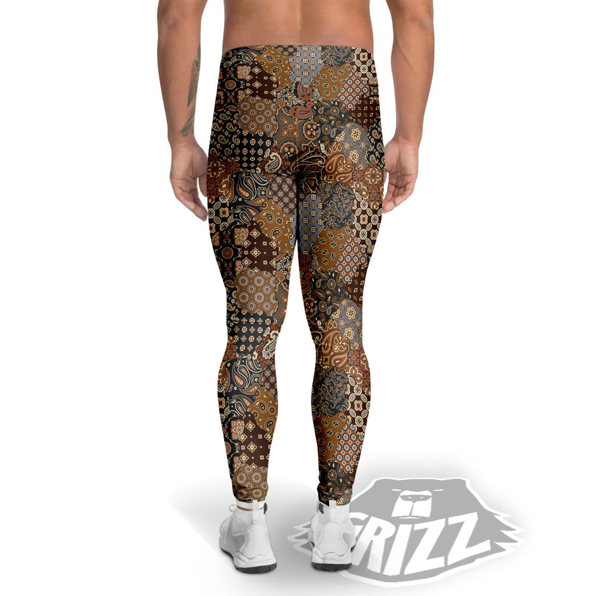 Brown Patchwork Paisley Print Pattern Men's Leggings-grizzshop