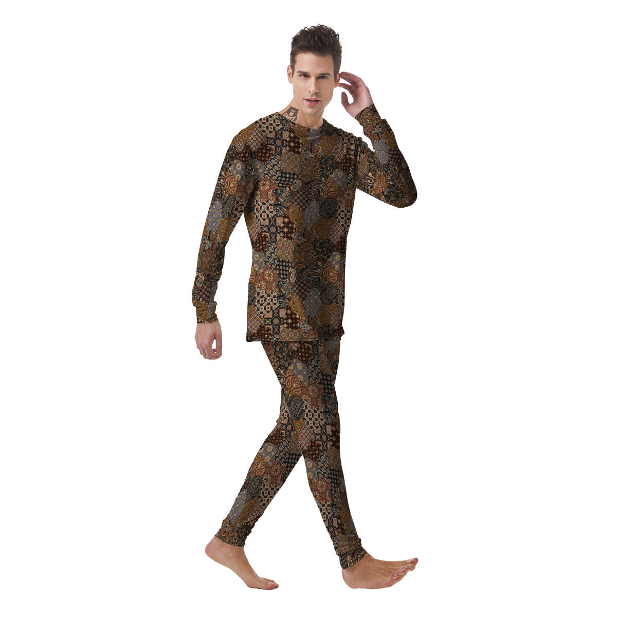 Brown Patchwork Paisley Print Pattern Men's Pajamas-grizzshop