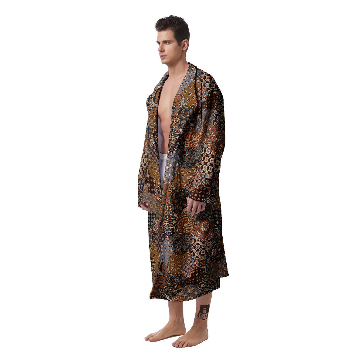 Brown Patchwork Paisley Print Pattern Men's Robe-grizzshop